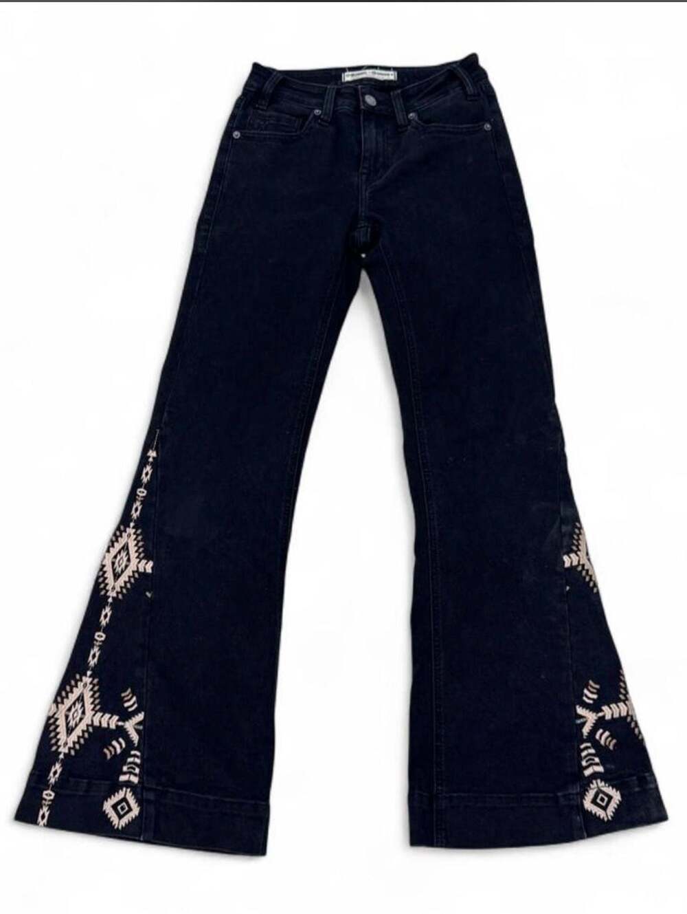 Rock & Roll Denim Black Embroidered Aztec Hem Flare Jeans